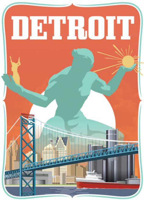 A colorful poster of Detroit's landmarks: The Spirit of Detroit statue ...