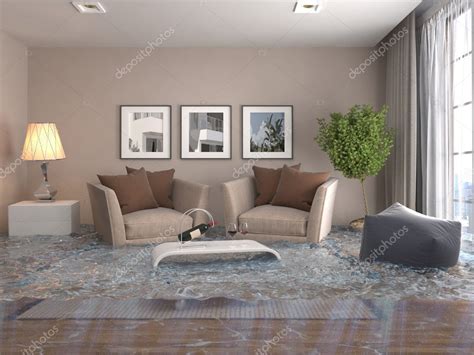 Interior of the house flooded with water. 3d illustration — Stock Photo ...