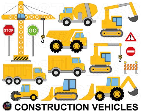 Construction Vehicles Clipart, Truck, Bulldozer, Lorry, Crane, Tractor, Cement Mixer, Builder ...