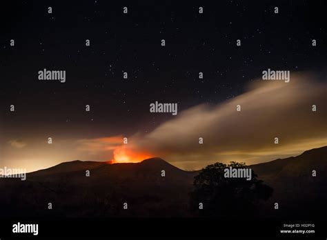 Masaya volcano view at night during an eruption. Long exposure shot ...