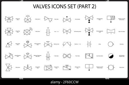 Valve engineering symbol set. Collection of shut-off and control valves icons. Water, Heating ...