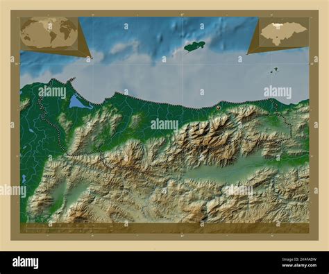 Atlantida, department of Honduras. Colored elevation map with lakes and rivers. Corner auxiliary ...