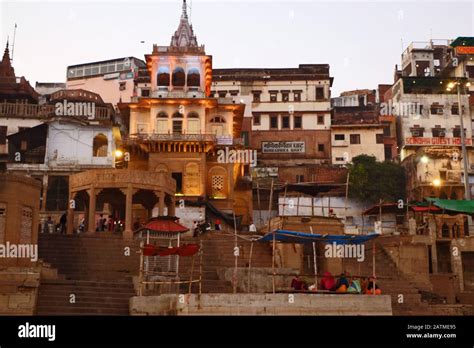 Long view of popular Assi Ghat with several pilgrims, that stands at ...