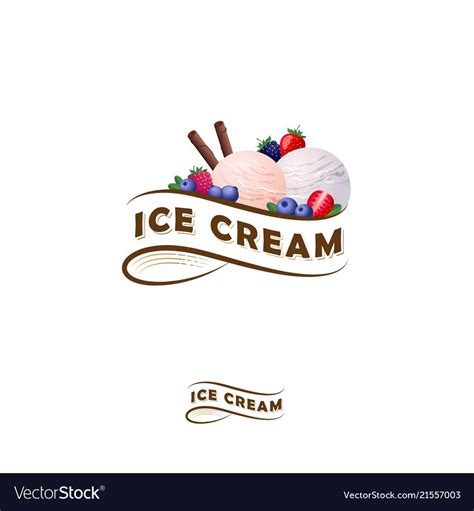 Ice cream logo. Letters on a ribbon and two scoops of ice cream with ...