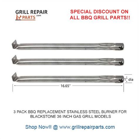 three grilling tools are shown in this ad for grill repair parts, including four stainless steel