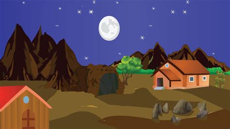 Village Night Background Illustration, Village surrounded by mountains, cave, crow, sky, clouds ...