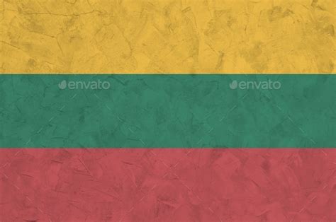 Lithuania flag depicted in bright paint colors on old relief plastering ...