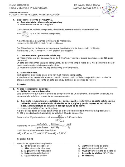 Imprimeme Examen 1º Bachillerato Temas 1 A 4 RESUELTO 1516 | PDF | Mole (Unidad) | Gases