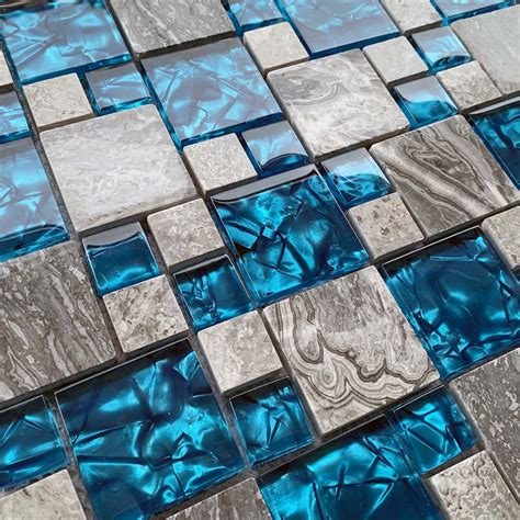 Glossy Stone Mix Glass Mosaic Tile Gray and Aqua Kitchen Backsplash Bathroom and Shower Wall ...