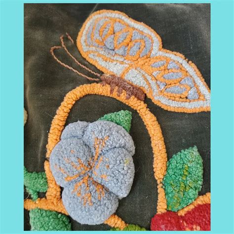 Darling Vintage Folk Art Flower Basket & Butterfly Design Hooked - Ruby Lane