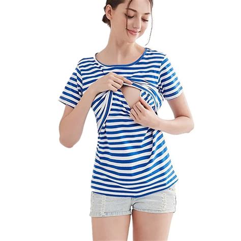 Maternity Clothes Summer Cotton Striped Breastfeeding Shirt Breastfeeding Clothes Breastfeeding ...