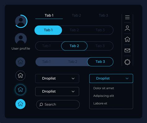 Control panel UI elements kit. Main tabs. Editable isolated vector ...