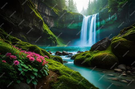 Premium AI Image | tranquil waterfall paradise surrounded by verdant ...