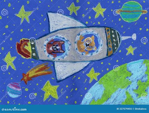 Watercolor Children Drawing Space Planet Rocket Stock Illustration - Illustration of satellite ...