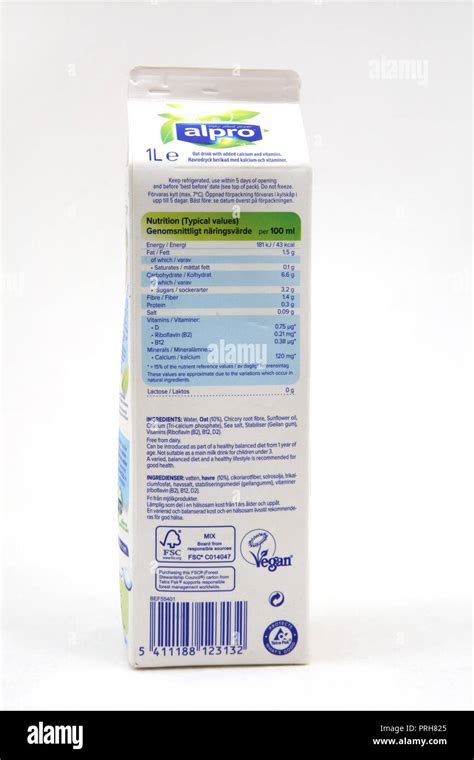 Alpro Oat Original Alternative to Milk Nutritional Information Stock ...