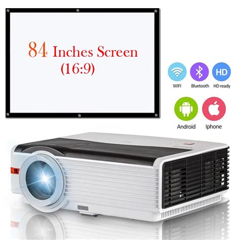 Bluetooth HD 1080p LED Projector Wifi Wireless Movie Beamer + 84'' Screen Matte White Portable ...