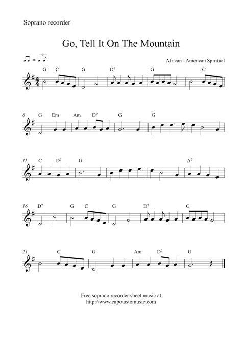 Free Christmas soprano recorder sheet music - Go, Tell It On The Mountain