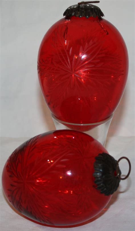 Pair of Antique Glass Kugel Ornaments Red Etched With Leaves available for sale | Christmas ...