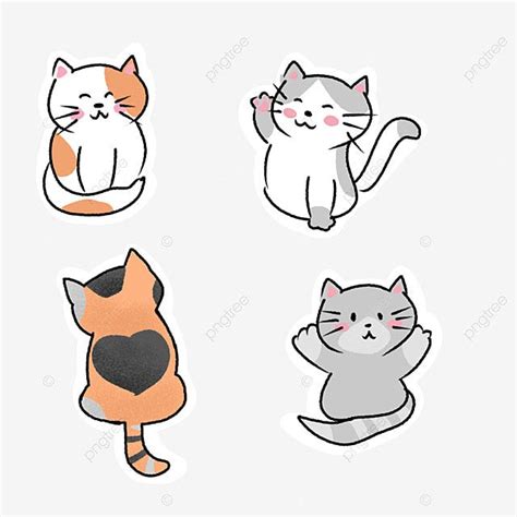 four cats stickers with different colors and shapes on the back, one cat is sitting down