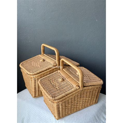 Picnic basket with cover 2 way rattan carrying basket Bakul rotan dgn penutup Bakul berkelah ...