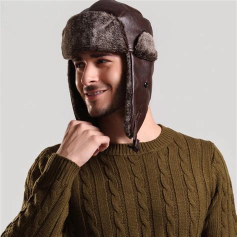 winter fur men bomber hat warm fur earflap brown caps ushanka hat pu ...