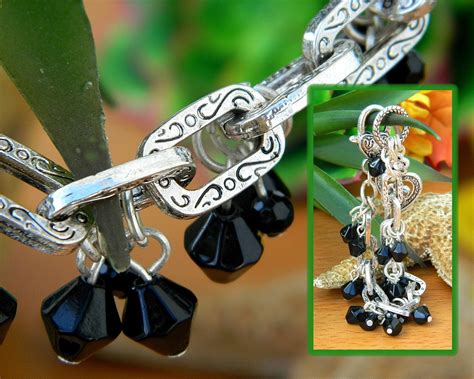 Heart Bracelet Silver Tone Metal Black Beads Rhinestones Dangles Loops - Bracelets & Charms