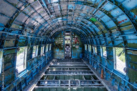 Old, rusty Douglas C 47 aeroplane interior in abandoned military ...