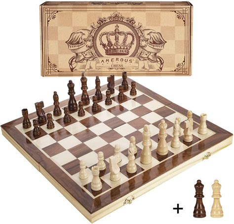 Amerous 15 Inches Magnetic Wooden Chess Set - 2 Extra Queens - Folding Board, Handmade Portable ...