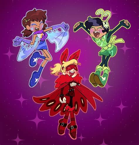 four cartoon characters are flying in the air