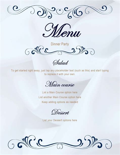 a menu with blue and white designs on the front, along with an elegant ...