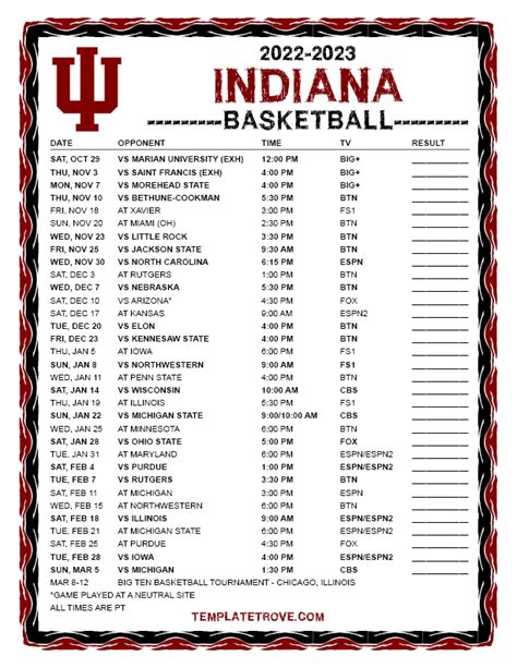 Printable 2022-2023 Indiana Hoosiers Basketball Schedule