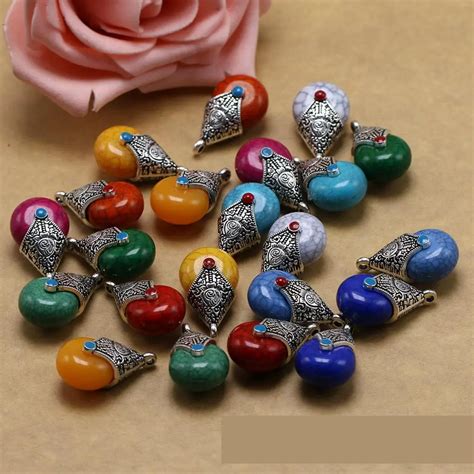 Tibetan Silver Charms Water Drop Beads Natural Stone Pendants For ...