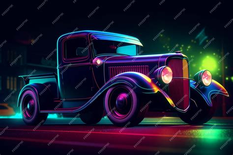 Premium AI Image | A vintage car with neon lights on the front.