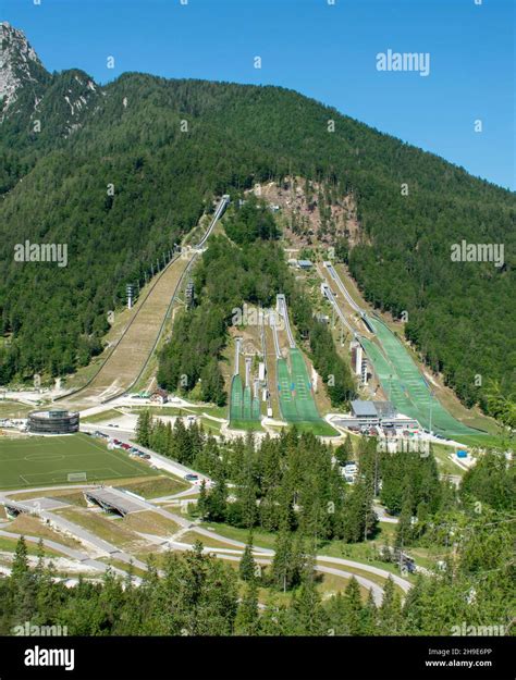 Planica Ski jumping hills in the summer. The Planica Nordic Centre. Julian Alps. Slovenia ...