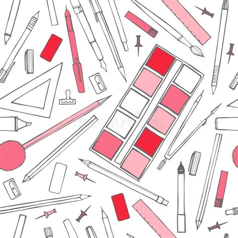 Stationery Set. Pens, Pencils, Paints, Compasses. Vector Sketch ...