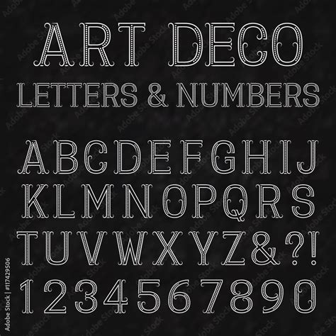 Font in art deco style. Vintage alphabet. White capital letters and numbers of dots and lines ...