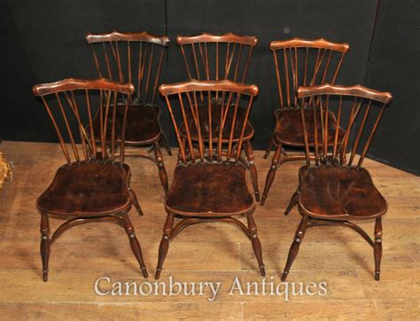 Set 6 Antique Oak Windsor Chairs 1920 Kitchen Dining Chair