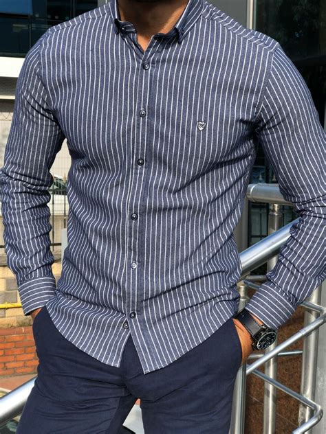 GentWith Eli Navy Blue Slim Fit Pinstripe Shirt