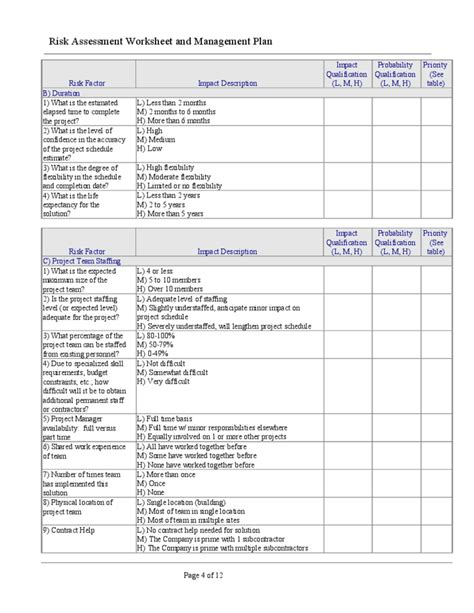 Risk Assessment Worksheet