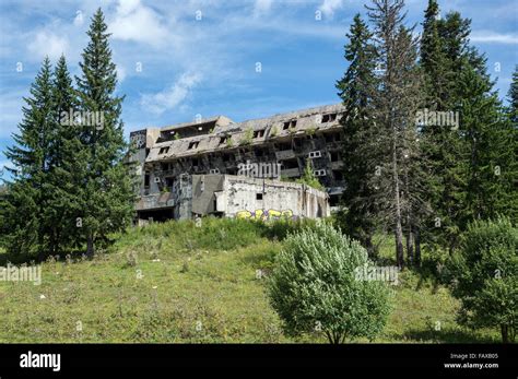 Ruins of Igman Hotel near Igman Olympic Jumps, destroyed during Bosnian War in Bosnia and ...