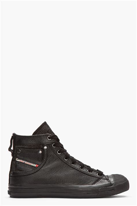 Lyst - Diesel Black Leather Exposure High-top Sneakers in Black for Men