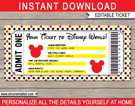 Printable Ticket to Disney World Template | Surprise Trip to Disney World Gift