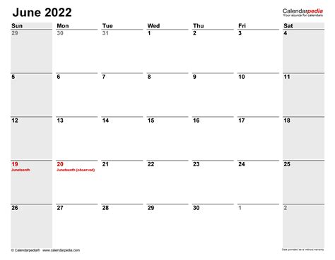 June 2022 Calendar | Templates for Word, Excel and PDF