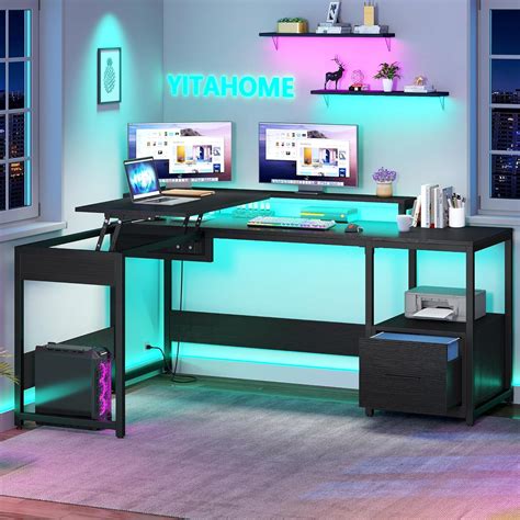 Amazon.com: YITAHOME Height Adjustable Standing Desk with File Drawer, 65" L Shaped Desk with ...