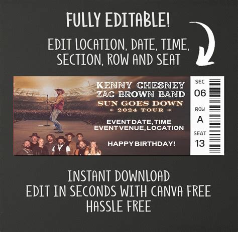 Editable Kenny Chesney Concert Ticket, Kenny Chesney Ticket, Zach Brown ...