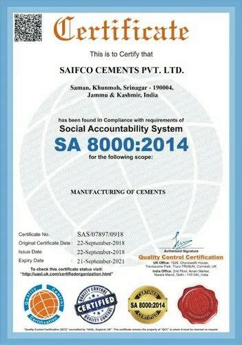 SA8000 Certification in Ludhiana | ID: 22256309155