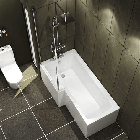 Buy Qubix 1700 x 850mm Left Hand L-Shaped Shower Bath Bathtub with Front Panel + Glass Shower ...