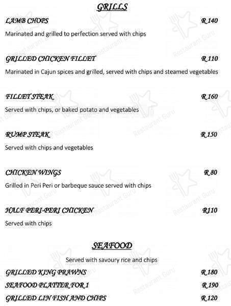 Menu at Velvet Lounge club, Durban