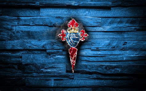 Download wallpapers Celta Vigo FC, burning logo, La Liga, blue wooden background, spanish ...