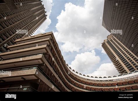 Barbican Estate, London. A low, wide angle view of the brutalist architecture within the ...